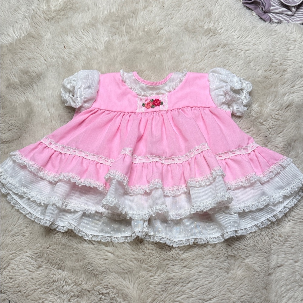 🎀9/12m Vintage 70/80s Pink and White Lace Baby layered Dress
